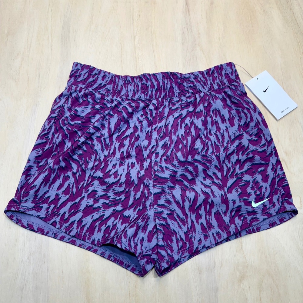 Nike One Kids Dri-FIT Training Shorts Purple Tiger Print Large FQ4527-509